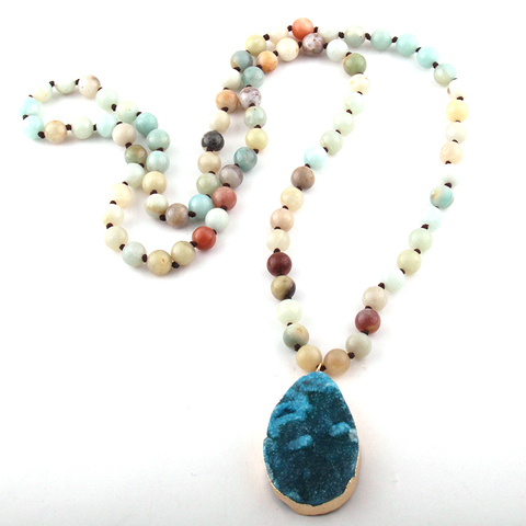 Fashion Bohemian Tribal Jewelry long Knotted Amazonite Natural Druzy Drop Pendant Stone Necklace ► Photo 1/5