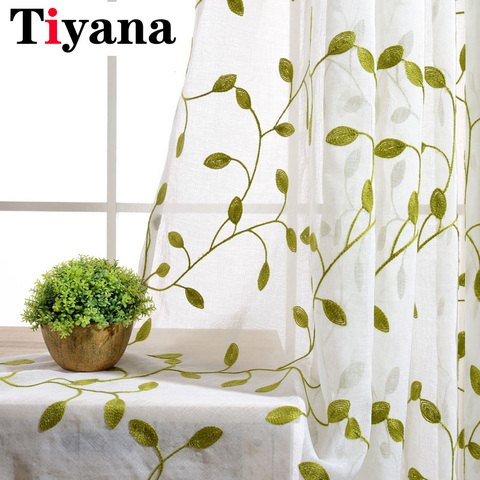 Rustic Green Leaves Pattern Embroidered Curtains for Living room Bedroom Kitchen Sheer Curtains White Window Drapes P072X ► Photo 1/6
