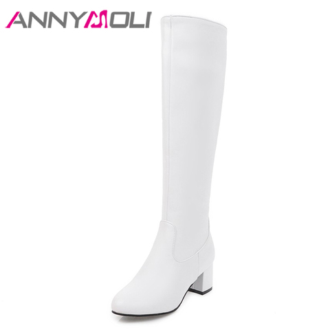 ANNYMOLI Knee High Boots Winter Women Shoes Zipper High Heel Tall Boots Sewing Thick Heel Ladies Boots New Black Big Size 33-43 ► Photo 1/6