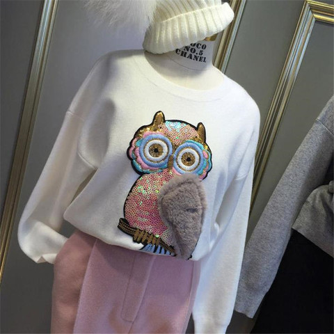 Owl Plush Patches for clothing stickers Women 26cm bird Sequined Sequins T-shirt Womens Fashion Tops Shirt Girl Patch Clothes ► Photo 1/6