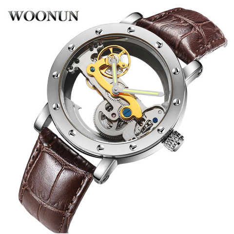 Luxury Brand WOONUN Leather Strap Transparent Dial Golden Case Mens Watches Automatic Mechanical Orologio Men ► Photo 1/6