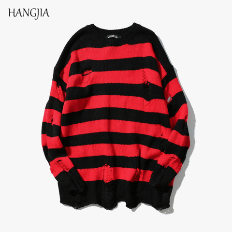 Black Red Striped Sweaters Washed Destroyed Ripped Sweater Men Hole Knit Jumpers Men Women Oversized Sweater Harajuku ► Photo 1/6