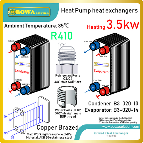 3000kCal water source heat pump water heater R410a plate heat exchanger is with SAE flare ports, easy to connect copper tube ► Photo 1/6