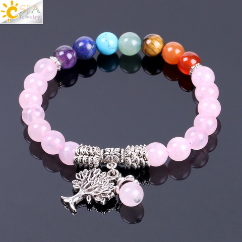 CSJA Natural Pink Crystal Quartz 7 Chakra Gem Stone Bead Bracelet Tree Pendant Prayer Healing Stretch Bangles Women Jewelry F129 ► Photo 1/6