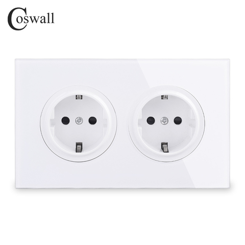 Coswall Crystal Tempered Pure Glass Panel 16A Double EU Standard Wall Power Socket Grounded With Child Protective Lock 146 Type ► Photo 1/6