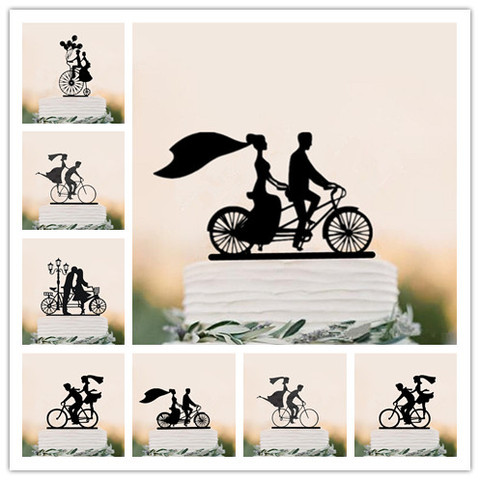 Mixed Black Acrylic Bicycle Style Wedding Cake Topper Bride & Groom Silhouette Cake Topper ► Photo 1/6