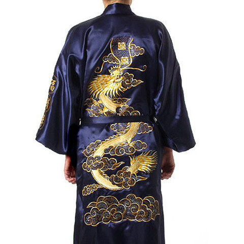 Navy Blue Chinese Men's Satin Silk Robe Embroidery Kimono Bath Gown Dragon Size S M L XL XXL XXXL S0008 ► Photo 1/6