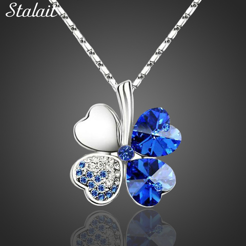 Fashion Jewelry Silver Color Austrian Crystal Necklace Four Leaf Leaves Clover Heart Rhinestones Pendant Necklace Jewelry ► Photo 1/6