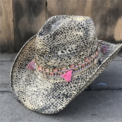 Women Straw Hollow Western Cowboy Hat Elegant Lady Tassel Sombrero Hombre Hat Fascinator Sunbonnet Cowgirl Sun Hat ► Photo 1/6