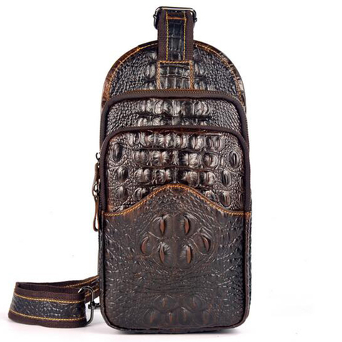 Travel Sling Shoulder Bags Crocodile Pattern Chest Back Pack High Quality Oil Wax Cowhide Genuine Leather Men Messenger Bag ► Photo 1/6