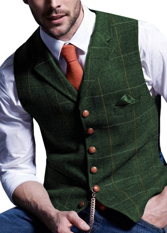 Mens Suit Vest Notched Plaid Wool Herringbone Tweed Waistcoat Casual Formal Business Groomman For Wedding Green/Black/Green/Grey ► Photo 1/6