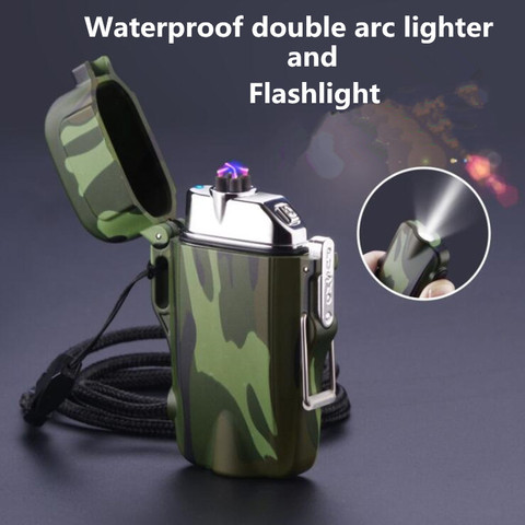 Mini Flashlight and USB charging Double Arc Cigarette Lighter Windproof Waterproof Plasma lighter For Outdoor Camping Sports ► Photo 1/6