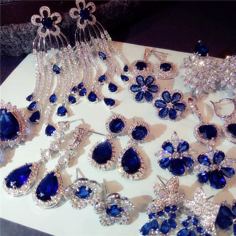 S925 Sterling Silver Drop Earrings For Women Sapphire Eardrop Fine Jewelry Bride Wedding Luxury Vintage Bijouterie Anting Wanita ► Photo 1/6