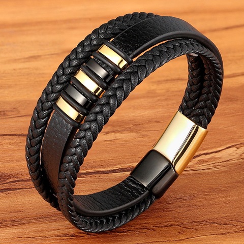 New 3 Layers Black Gold Punk Style Design Genuine Leather Bracelet for Men Steel Magnetic Button Birthday Gift Male Bracelets ► Photo 1/6