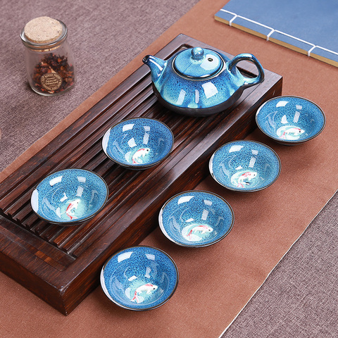 Jun Porcelain Kung Fu tea set Tenmoku fish fun tea cup ore Zisha Teapot Set 1 teapot + 6 cups ► Photo 1/5