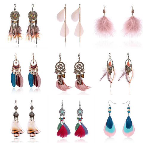 RINHOO Ethnic Feather Tassel Dangle Earrings Vintage Bohemian Leaves Stars Ear Hook Drop Earrings Women Brincos Female Jewelry ► Photo 1/6