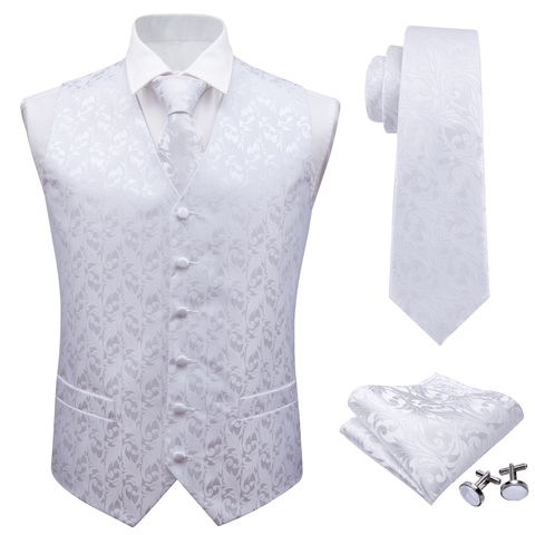 Barry.Wang Mens Classic White Floral Jacquard Silk Waistcoat Vests Handkerchief Party Wedding Tie Vest Suit Pocket Square Set ► Photo 1/6