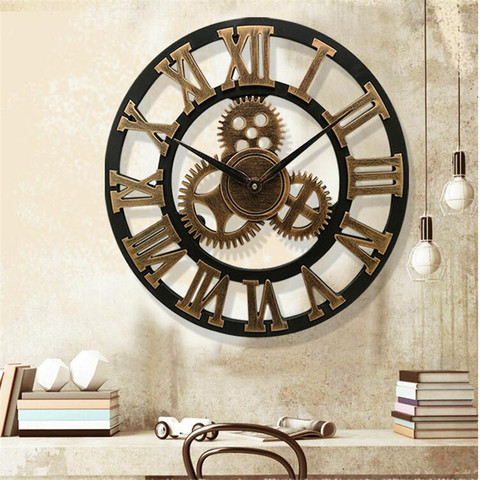 3D large classic vintage wooden wall clock retro gear hanging clock Roman numeral horologe  European style decor living room ► Photo 1/6