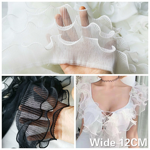 12CM Wide Three Layers White Black Elastic Ruffle Trim 3D Lace Pleated Ribbon Wedding Dress Fluffy Skirt DIY Sewing Fringe Decor ► Photo 1/5