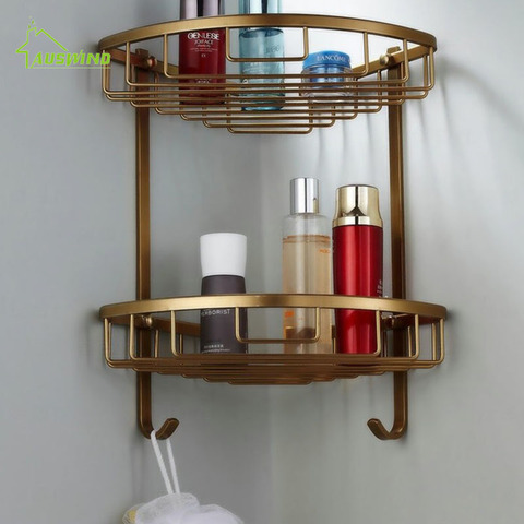 Space Aluminum Bathroom Shelf Antique Brass Double Layer Corner Shelf Basket Bathroom Corner Shelf Bathroom Rack ► Photo 1/5