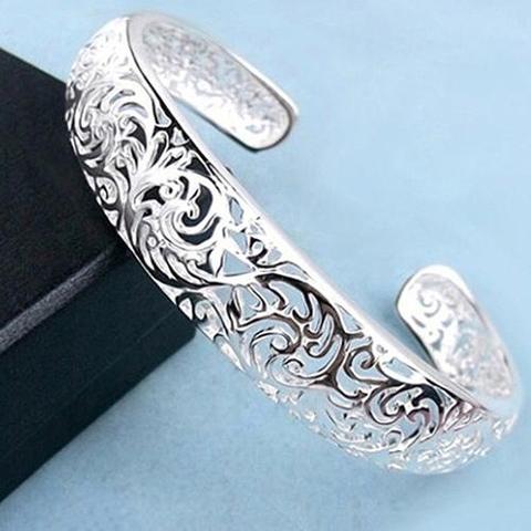 Women 925 Sterling Bezel Hollow Cuff Bangle Open Bracelet Stainless Steel Bracelet Vintage Fashion Jewelry Gift ► Photo 1/4