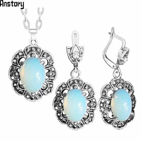 Oval Transparent Opal Necklace Earrings Jewelry Set Rhinestone Vintage Look Fashion Jewelry For Women TS429 ► Photo 1/6