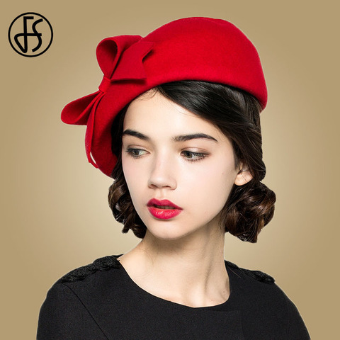 FS Elegant Wool Fascinators Fedora Women Red Church Hats White Black Wedding Ladies Hat Felt Bow Berets Caps Pillbox Hat Chapeau ► Photo 1/6