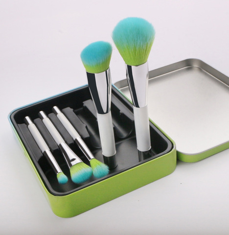 Korean Fashion 5pcs Makeup Brush Set Portable Magnetic Powder Blush Foundation Brush Kit with Metal Box Pearly White Green ► Photo 1/1