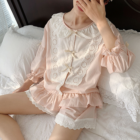 Women's Lolita Princess Lace Pajama Sets Cotton Tops+Shorts