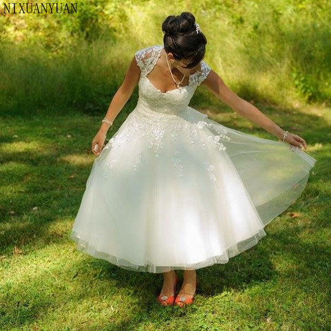 Short Wedding Dresses A Line White Tulle Vintage Sweetheart Wedding Gown Lace Tea Length Free Shipping Bridal Gowns 2022 ► Photo 1/6