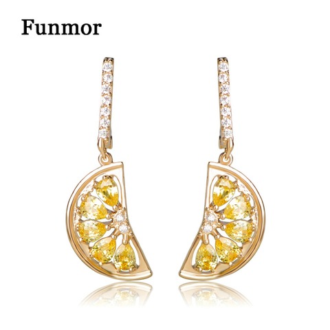 FUNMOR Fan Lemon Shape Copper Dangle Earrings Yellow CZ Zircon Fruit Earring For Women Girls Dance Party Ear Jewelry Oorbellen ► Photo 1/6