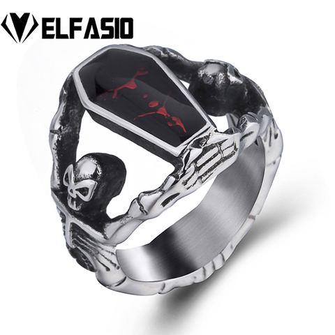 Mens Boys Gothic Vampire Skeleton Skull Bloody Red Enamel Coffin Stainless Steel Ring Punk Jewelry US size 8-14 ► Photo 1/6