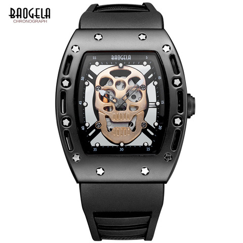 Baogela Fashion Mens Skeleton Skull Luminous Quartz Watches Military Style Black Silicone Rectangle Dial Wristwatch for Man1612 ► Photo 1/6