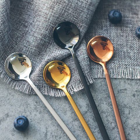 Spoon Small Glod Silver Stainless Steel Round Tea Coffee Spoon For Yogurt Ice Cream Dessert Long Handled Spoon Cutlery Kitchen ► Photo 1/6