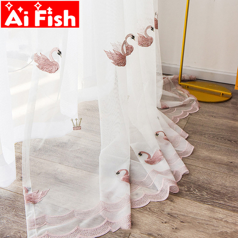 Pink Cute Swan Gauze Bedroom Tulle Balcony Decorative Drapes White Embroidered Curtains Sheer Screens For Living Room MY146-40 ► Photo 1/6