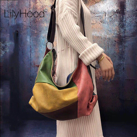 Patchwork Cowhide Leather Hobo Bag Women Casual Big Soft Cowhide Leather Slouch Bag Female Fashion Genuine Leather Shoulder Bag ► Photo 1/6