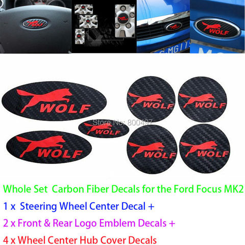 Newest 3D Carbon Fiber Vinyl  Set Steering Wheel Emblems  Wheel Hub Stickers Wolf Decasl for Ford Focus MK1 MK2 MK3 Focus ST RS ► Photo 1/6
