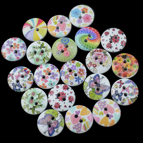 100PCS 15MM Colorful Strip and Flower Print 2 Holes Wooden Buttons for Sewing Scrapbooking Crafts DIY Clothing Accessories ► Photo 1/6