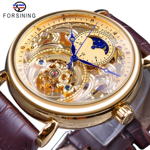 Forsining 2022 Royal Golden Skeleton Display Blue Hands Brown Genuine Leather Belt Mens Mechanical Wristwatches Clock Male ► Photo 1/6