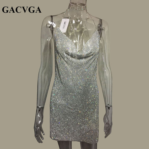 GACVGA 2022 Crystal Metal Halter Shining Summer Dress Women Beach Dress Sequin Mini Sexy Party Dresses Vestidos ► Photo 1/6