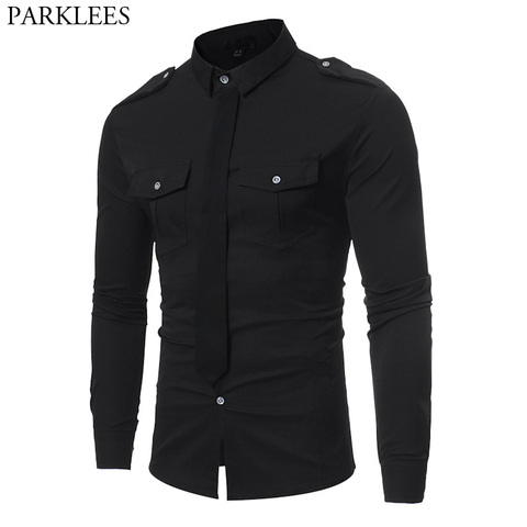 Double Pocket Military Style Black Shirt Men 2022 Casual Contrast Color Fake Tie Social Shirt Male Slim Fit Long Sleeve Chemise ► Photo 1/6
