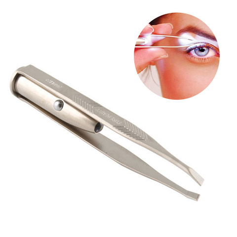 Professional Stainless Steel Makeup LED Light Slant Tip Hair Removal Eyelashes Eyebrow Tweezers Makeup Tool With Battery #7245 ► Photo 1/5