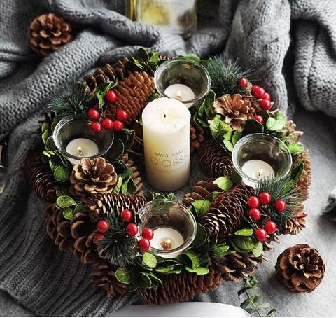 Christmas Candle Holders Pine Cone Berries Woodland Rustic Xmas Decor Table Centerpiece Christmas Wreath with Four CandleHolder ► Photo 1/6