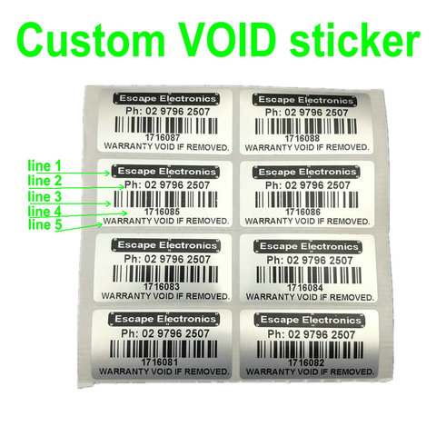 100 Silver Custom Printed Tamper Proof Warranty Void Labels Stickers Seals Waterproof Support French Russian Spanish Many Words ► Photo 1/6