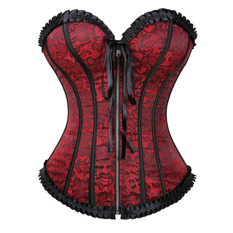women's overbust corsets with zipper front lingerie basque plus size satin flower print bustier top vintage korsett exotic style ► Photo 1/4