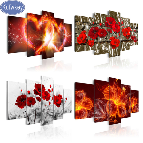 Red Flora diamond painting 5 Panel diamond embroidery mosaic picture of rhinestones cross-stitch home decoration Multi-pictures ► Photo 1/6