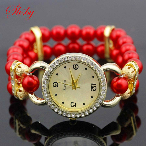 shsby New Women's Rhinestone Quartz Analog Bracelet Wrist Watch lady dress watches with Colorful pearls ► Photo 1/6