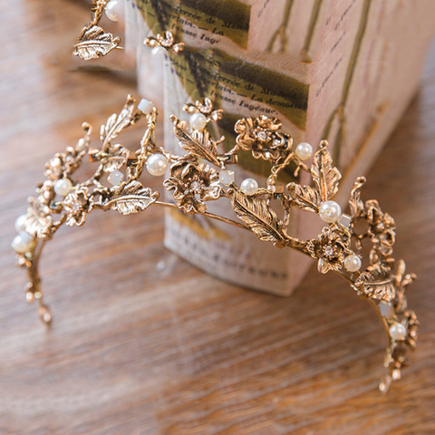 Vintage Baroque Gold Pearl Leaf Bridal Tiara Crystal Crown Hairband Headpiece Vine Tiara Wedding Hair Accessories Bride Headband ► Photo 1/5