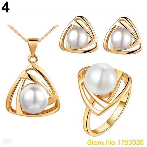 Elegant Women's Chic Wedding Pearl Jewelry Set Triangular Pendant Necklace Earrings Ring 4TGI ► Photo 1/6