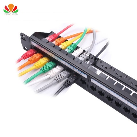 New 19in 1U Rack 24 Port Straight-through CAT6A Patch Panel RJ45 Network Cable Adapter Keystone Jack Ethernet Distribution Frame ► Photo 1/6